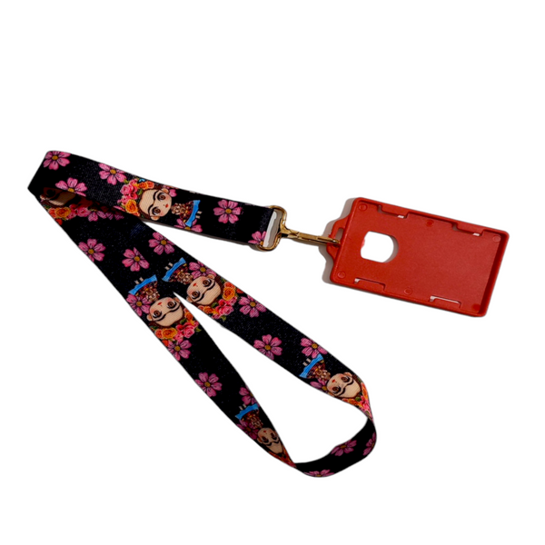 LANYARD FRIDA NEGRO FLORES ROSADAS